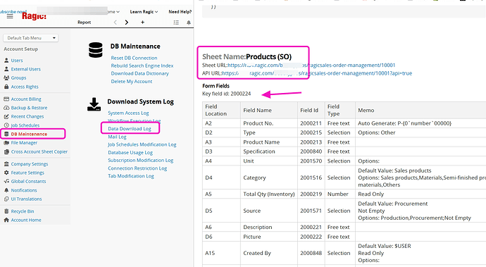 Ragic workspace Api Fields